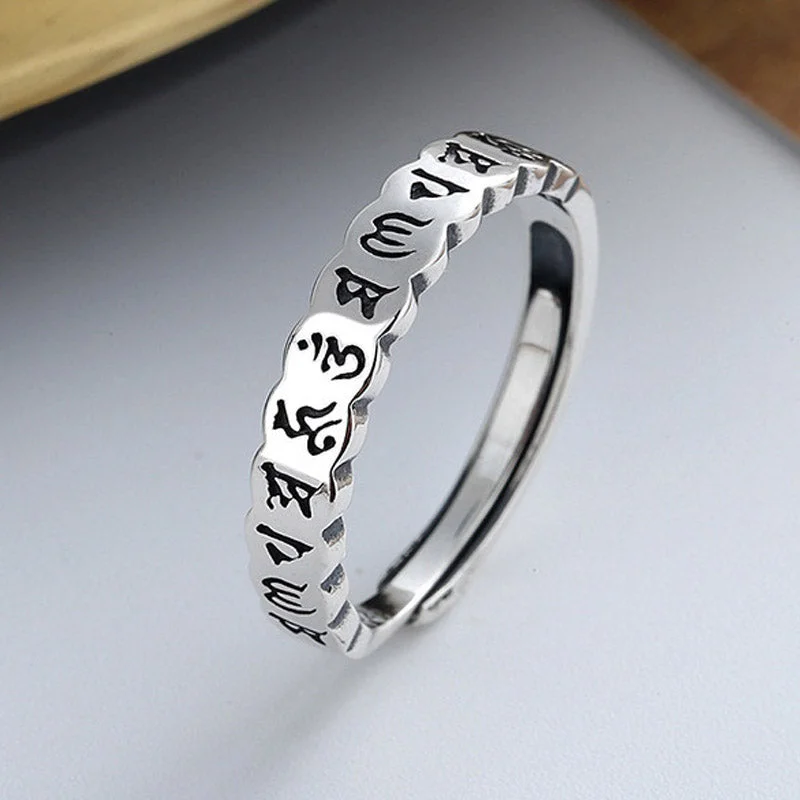 Chic Women's Rings for Fashion-Forward Looks-Buddha Stones 925 Sterling Silver Six True Words Calm Wisdom Ring