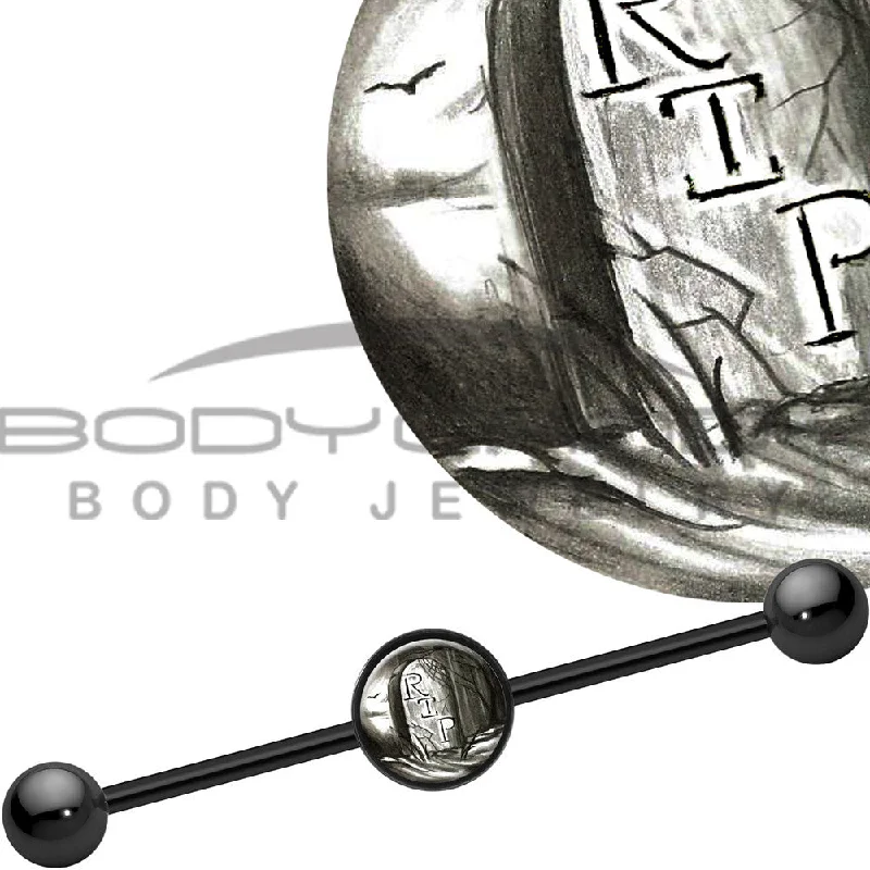 Women's Earrings – Elegant Designs for Every Personality--14 Gauge Black Anodized Scary RIP Tombstone Industrial Barbell 37mm