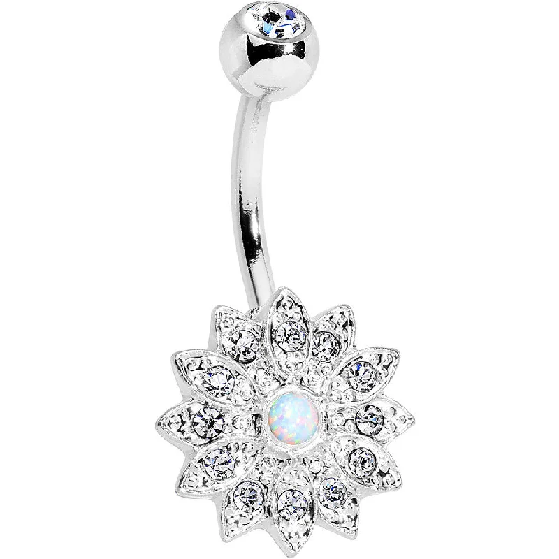 Comfortable Belly Rings for Fashionable Comfort -White Faux Opal Clear Gem Steel Fancy Flower Belly Ring Comfortable Belly Rings for Fashionable Comfort -White Faux Opal Clear Gem Steel Fancy Flower Belly Ring