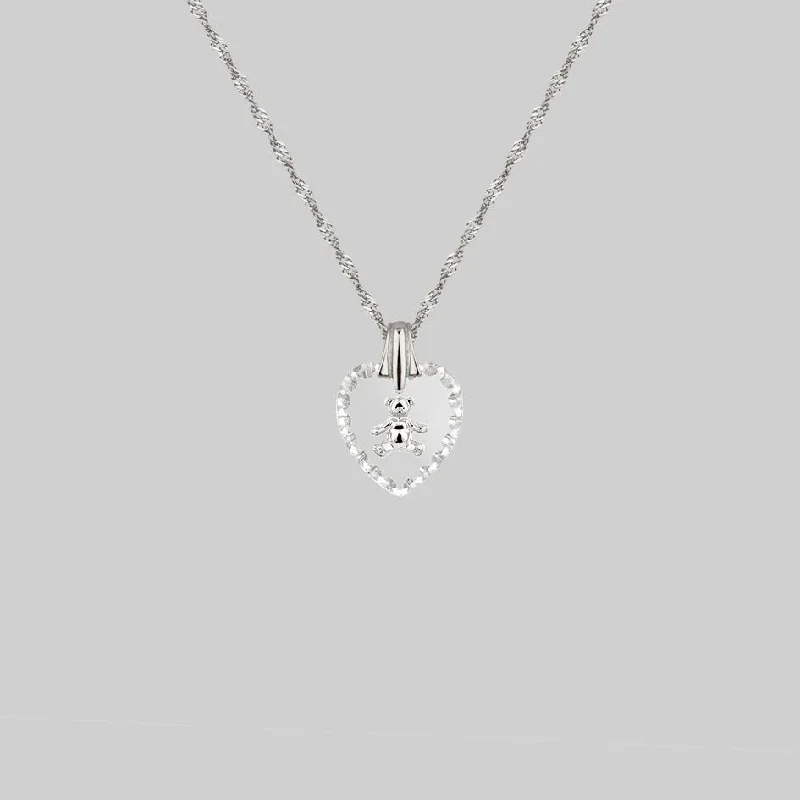 Shop Classic Women's  Necklaces & Pendants with a Modern Twist-MABEL. Teddy Bear Engraved Glass Heart Necklace - Silver
