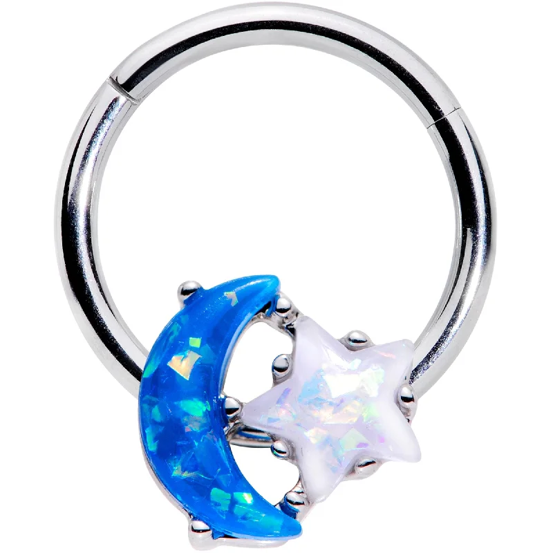 Comfortable Lip Rings for Sensitive Piercings16 Gauge 3/8 Blue White Faux Opal Starry Moon Hinged Segment Ring