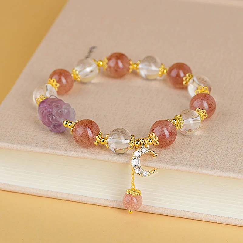 Bohemian Bangles for Women-Buddha Stones Natural White Strawberry Quartz Crystal Healing Love Nine-tailed Fox Moon Pendant Bracelet Bohemian Bangles for Women-Buddha Stones Natural White Strawberry Quartz Crystal Healing Love Nine-tailed Fox Moon Pendant Bracelet