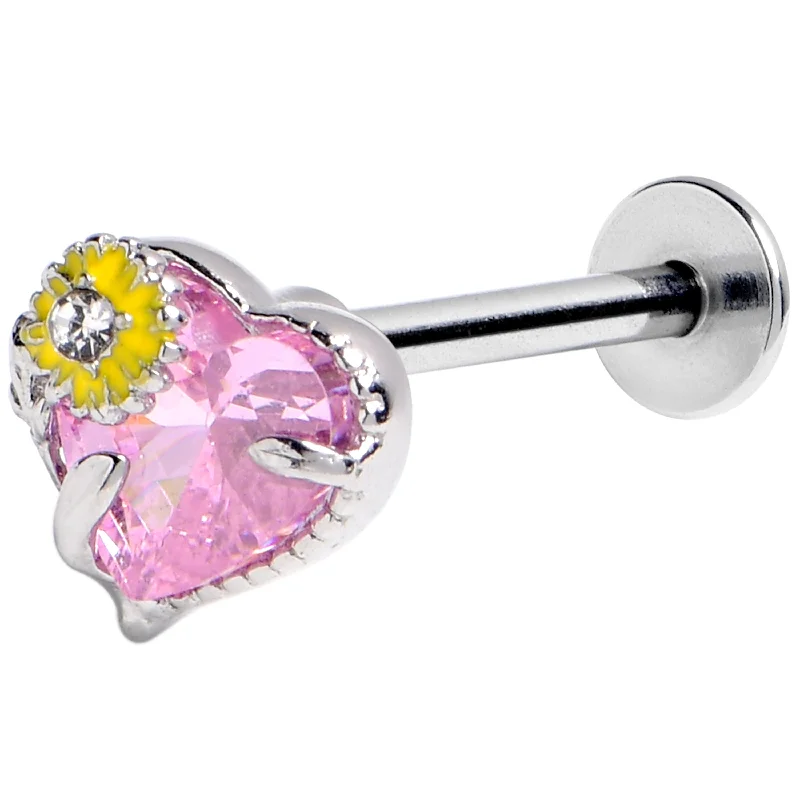 Classic Silver Lip Rings for Simple Appeal16 Gauge 5/16 Pink CZ Gem Sunflower Heart Love Labret Monroe Tragus