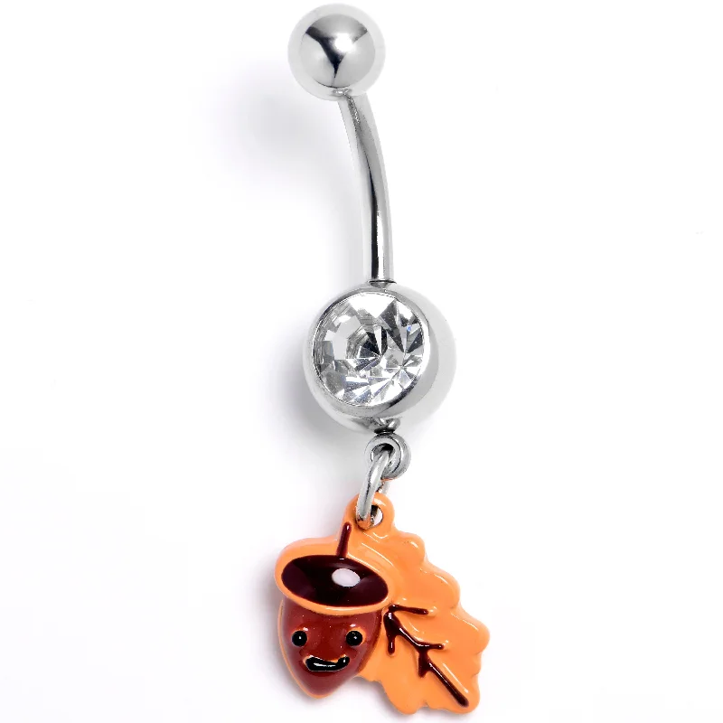 Trendy Belly Rings for Chic Look -Clear Gem Acorn Oak Leaf Autumn Dangle Belly Ring