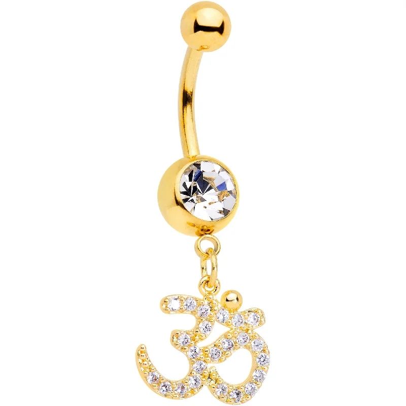 Comfortable Belly Rings for Everyday Fashion -Clear CZ Gem Gold Tone Amazing Om Dangle Belly Ring Comfortable Belly Rings for Everyday Fashion -Clear CZ Gem Gold Tone Amazing Om Dangle Belly Ring