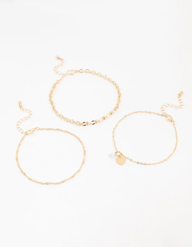 Unique Anklets with Modern Touch-Gold Pearl Heart Drop Anklets 3-Pack