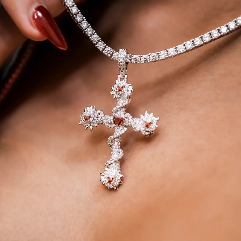 Shop Classic Women's Necklaces & Pendants with a Modern Twist-Ruby Iced Spiked Cross Shop Classic Women's Necklaces & Pendants with a Modern Twist-Ruby Iced Spiked Cross