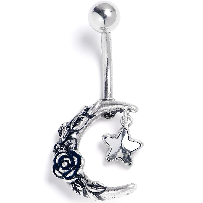 Comfortable Belly Rings with Radiant Detail -Clear Gem Ornate Moon Star Belly Ring