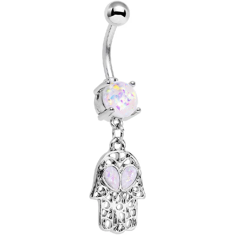 Stylish Belly Rings for Bold Statements -White Faux Opal Hamsa Hand and Heart Dangle Belly Ring Stylish Belly Rings for Bold Statements -White Faux Opal Hamsa Hand and Heart Dangle Belly Ring