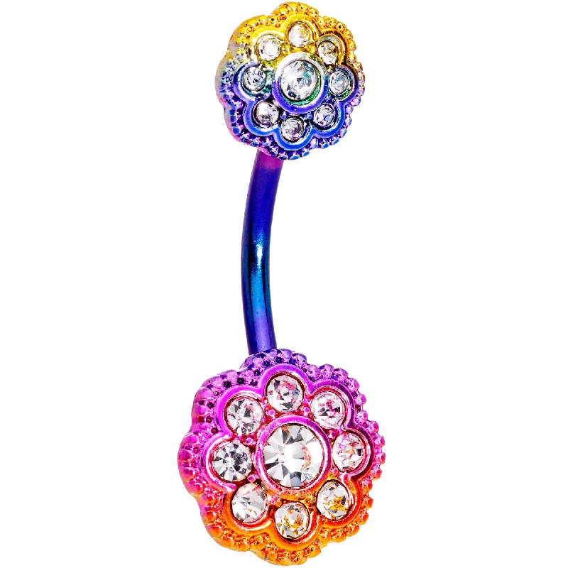 Trendy Belly Rings with Colorful Accents -Clear CZ Gem Rainbow Art Deco Flower Double Mount Belly Ring Trendy Belly Rings with Colorful Accents -Clear CZ Gem Rainbow Art Deco Flower Double Mount Belly Ring