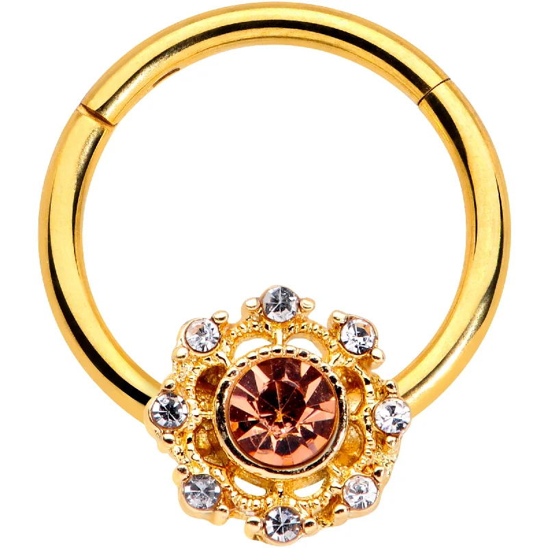 Elegant Nose Rings with Chic Look -16 Gauge 3/8 Clear Pink CZ Gem Gold Tone Sunburst Hinged Segment Ring Elegant Nose Rings with Chic Look -16 Gauge 3/8 Clear Pink CZ Gem Gold Tone Sunburst Hinged Segment Ring