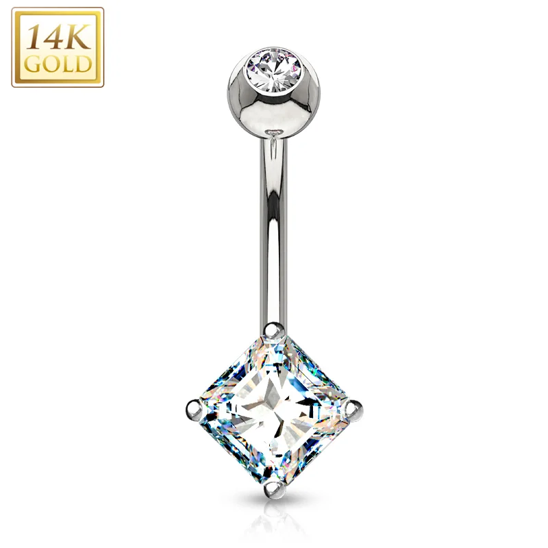 Trendy Belly Rings with Stunning Details -14k Solid White Gold Prong Set 5mm Princess Cut CZ Belly Ring Trendy Belly Rings with Stunning Details -14k Solid White Gold Prong Set 5mm Princess Cut CZ Belly Ring