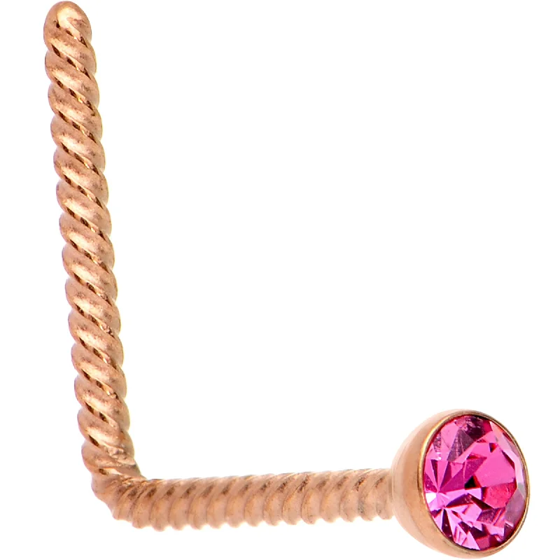 Simple Yet Elegant Nose Rings -Pink 2mm Gem Inlay Rose Gold IP So Twisted L Shaped Nose Ring Simple Yet Elegant Nose Rings -Pink 2mm Gem Inlay Rose Gold IP So Twisted L Shaped Nose Ring