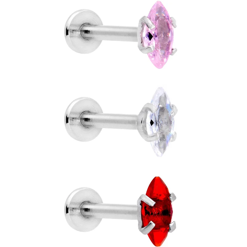 Comfortable Lip Rings for Daily Glam16 Gauge 3/8 Multicolor CZ Oval Gem Cats Eye Labret Set of 3