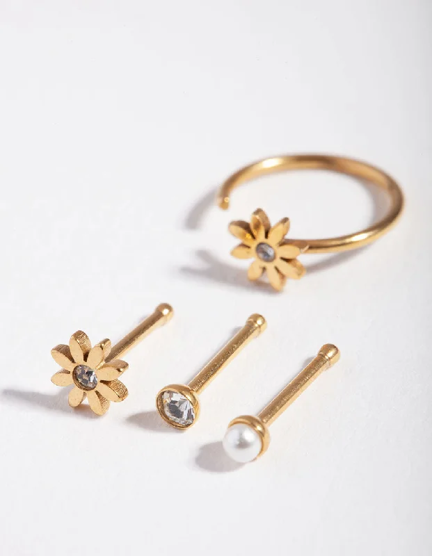Nose Rings for Men and Women -Surgical Steel Gold Flower Pearl Nose Stud 4-Pack