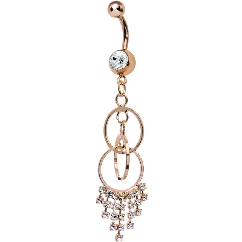 Sparkling Belly Rings with Beautiful Stone Work -Rose Gold Plated Clear Gem Triple Ring Dangle Chandelier Belly Ring Sparkling Belly Rings with Beautiful Stone Work -Rose Gold Plated Clear Gem Triple Ring Dangle Chandelier Belly Ring
