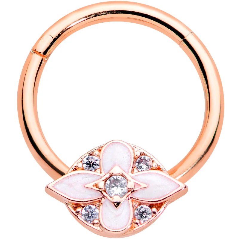 Nose Rings for Professional Style -16 Gauge 3/8 Clear CZ Gem Rose Gold Hue Pink Cross Hinged Segment Ring Nose Rings for Professional Style -16 Gauge 3/8 Clear CZ Gem Rose Gold Hue Pink Cross Hinged Segment Ring