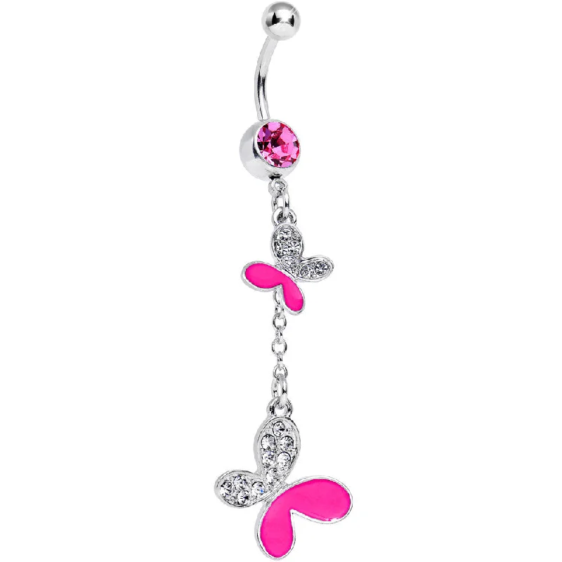Comfortable Belly Rings for Sensitive Piercings -Pink Gem Clear Crystal Wing Butterfly Dangle Belly Ring
