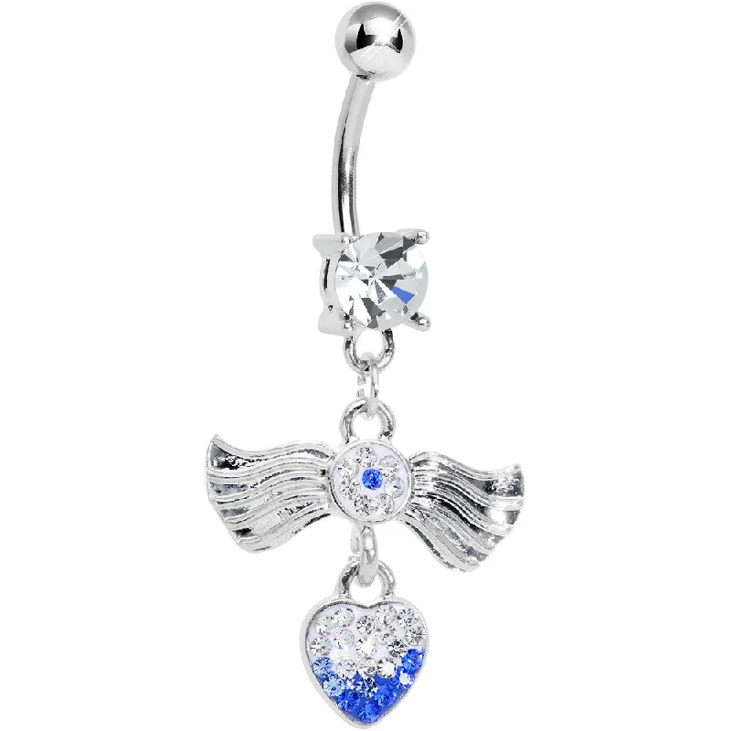 Elegant Belly Rings with Luxurious Appeal -Clear Gem Fancy Angel Wings Clear Blue Paved Heart Dangle Belly Ring Elegant Belly Rings with Luxurious Appeal -Clear Gem Fancy Angel Wings Clear Blue Paved Heart Dangle Belly Ring