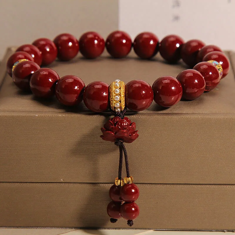 Women's Bangles with Polished Finishes-Buddha Stones Cinnabar Lotus Blessing Charm Bracelet Women's Bangles with Polished Finishes-Buddha Stones Cinnabar Lotus Blessing Charm Bracelet