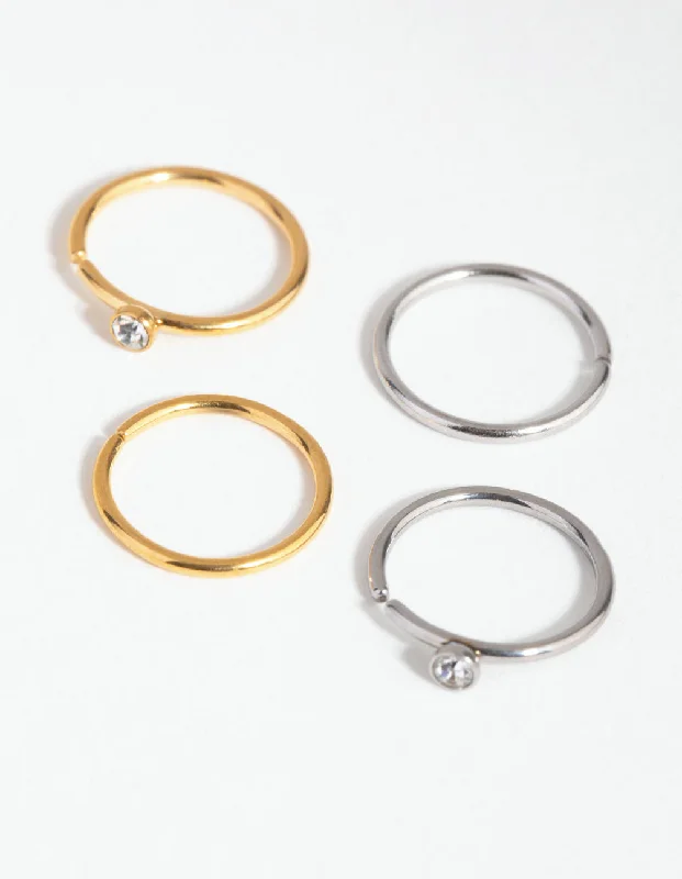 Nose Rings with Hooks -Surgical Steel Diamante Top Nose Ring 4-Pack