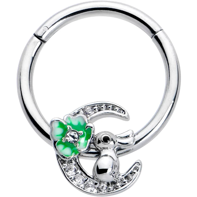Small Hoop Nose Rings -16 Gauge 3/8 Clear CZ Gem Rabbit On The Moon Green Hinged Segment Ring Small Hoop Nose Rings -16 Gauge 3/8 Clear CZ Gem Rabbit On The Moon Green Hinged Segment Ring