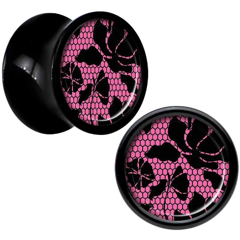 Women's Earrings – Elegant Designs for Every Personality--Black Acrylic Pink Floral Lace Saddle Plug Set 0 Gauge