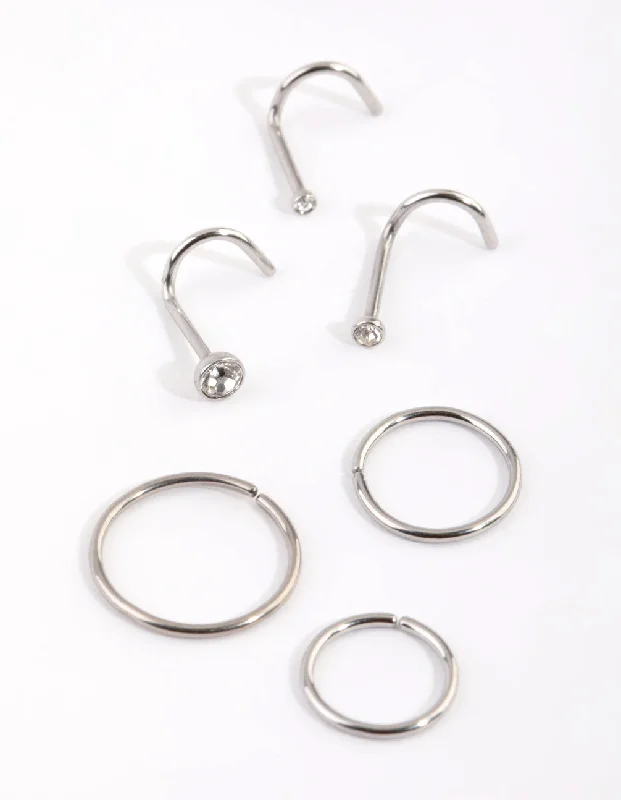 Nose Rings for Beautiful Designs -Surgical Steel Diamante Nose Stud 6-Pack
