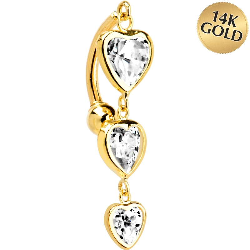 Stylish Belly Rings for Fashion-Forward Women -16 Gauge Solid 14KT Yellow Gold TOP MOUNT Cubic Zirconia HEART TRILOGY Belly Ring Stylish Belly Rings for Fashion-Forward Women -16 Gauge Solid 14KT Yellow Gold TOP MOUNT Cubic Zirconia HEART TRILOGY Belly Ring