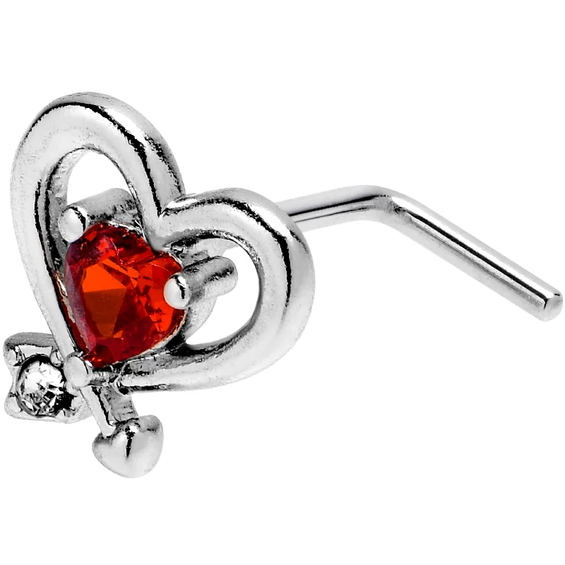Nose Rings with Cute Designs -20 Gauge 7mm Red CZ Gem Wrapped In Heart L Shape Nose Ring Nose Rings with Cute Designs -20 Gauge 7mm Red CZ Gem Wrapped In Heart L Shape Nose Ring