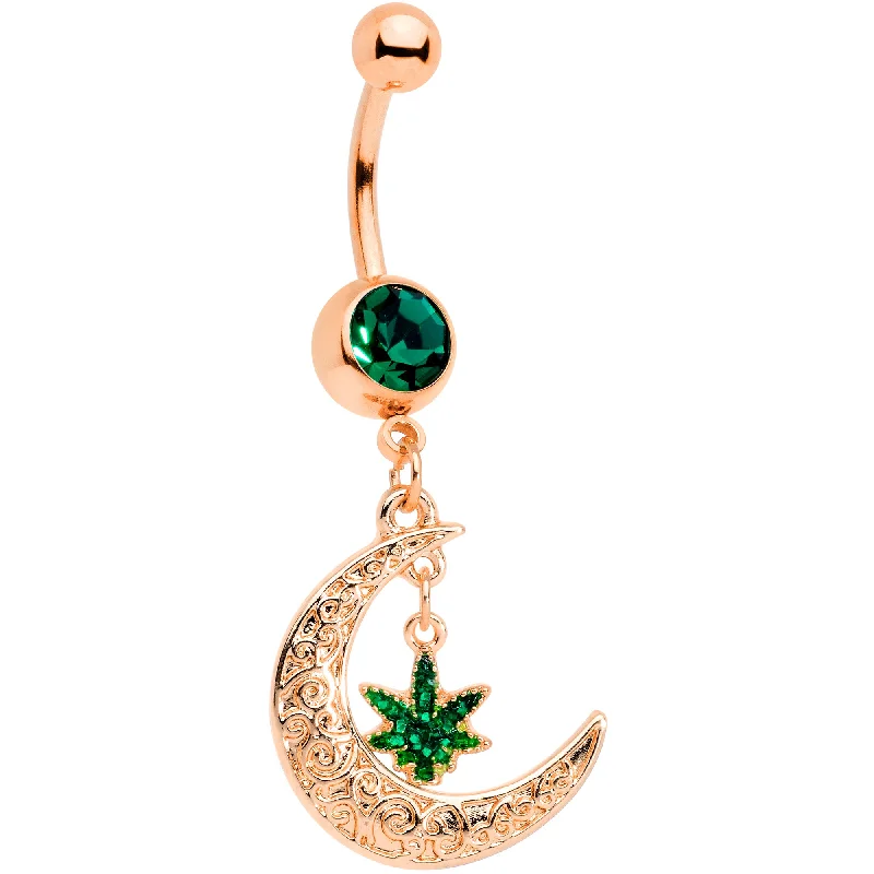 Belly Rings with Exotic Patterns for Unique Style -Green Gem Rose Gold Tone Marijuana Pot Leaf Moon Dangle Belly Ring Belly Rings with Exotic Patterns for Unique Style -Green Gem Rose Gold Tone Marijuana Pot Leaf Moon Dangle Belly Ring