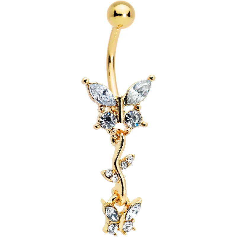 Comfortable Belly Rings for Long-Wear Fashion -Clear Gem Gold Tone Vine Butterfly Dangle Belly Ring Comfortable Belly Rings for Long-Wear Fashion -Clear Gem Gold Tone Vine Butterfly Dangle Belly Ring
