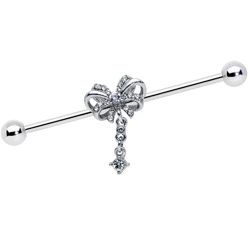 Women's Earrings – Elegant Designs for Every Personality--14 Gauge Clear Gem Looping Bow Dangle Industrial Barbell 38mm