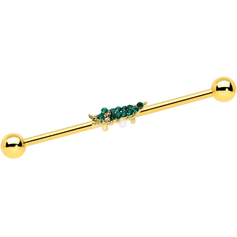 Women's Earrings – Elegant Designs for Every Personality--14 Gauge Green Gem Gold Tone Tropical Gator Industrial Barbell 38mm Women's Earrings – Elegant Designs for Every Personality--14 Gauge Green Gem Gold Tone Tropical Gator Industrial Barbell 38mm