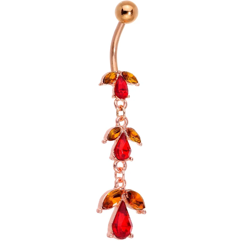 Stylish Belly Rings with Elegant Detailing -Red CZ Gem Rose Gold Tone Triple Teardrop Dangle Belly Ring Stylish Belly Rings with Elegant Detailing -Red CZ Gem Rose Gold Tone Triple Teardrop Dangle Belly Ring
