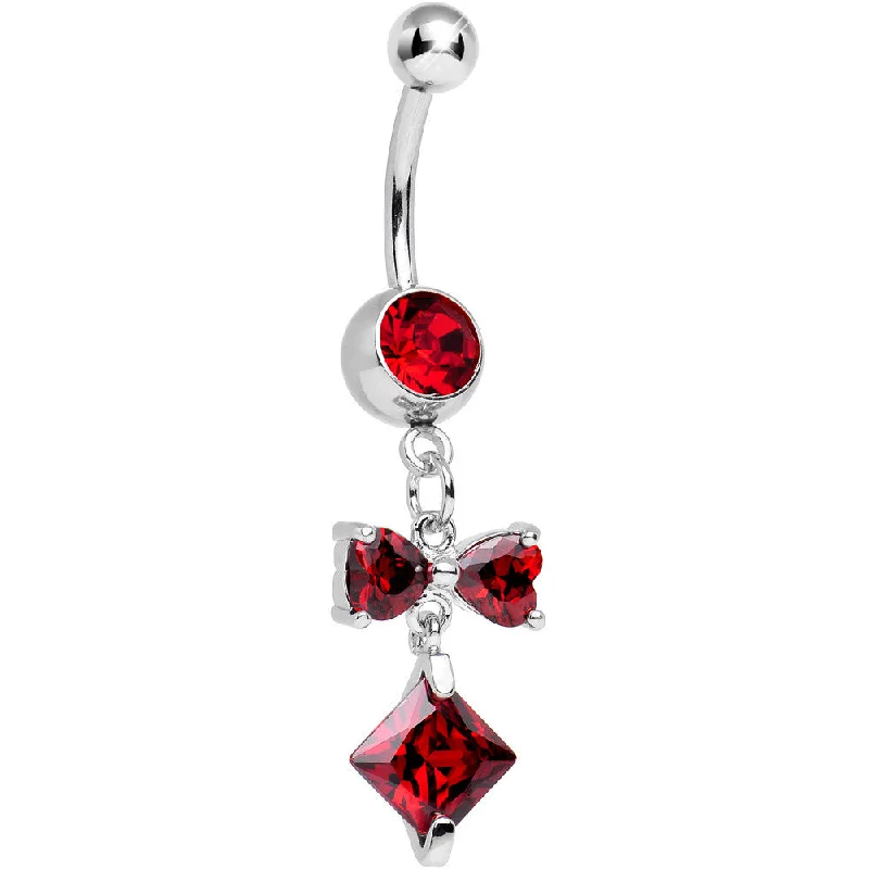 Comfortable Belly Rings with Unique Detailing -Red Cubic Zirconia Bow Tie Square Charm Dangle Belly Ring Comfortable Belly Rings with Unique Detailing -Red Cubic Zirconia Bow Tie Square Charm Dangle Belly Ring