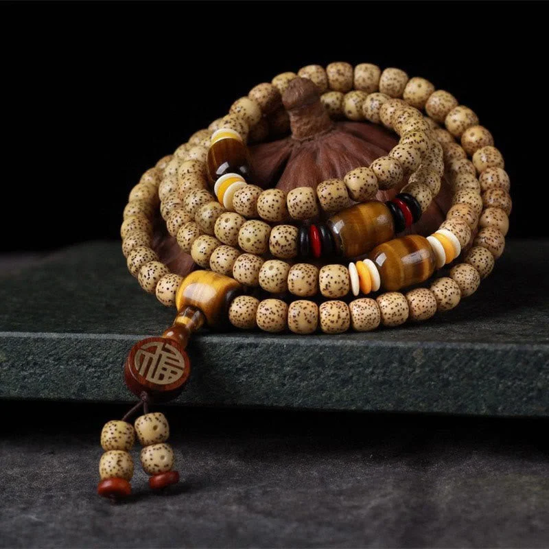 Men's Bracelets with Engravable Features-Buddha Stones 108 Mala Beads Bodhi Seed Tiger's Eye Fu Character Peace Bracelet Men's Bracelets with Engravable Features-Buddha Stones 108 Mala Beads Bodhi Seed Tiger's Eye Fu Character Peace Bracelet