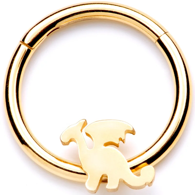 Classic Gold Lip Rings with Sleek Design16 Gauge 3/8 Gold Tone Fantasy Dragon Hinged Segment Ring