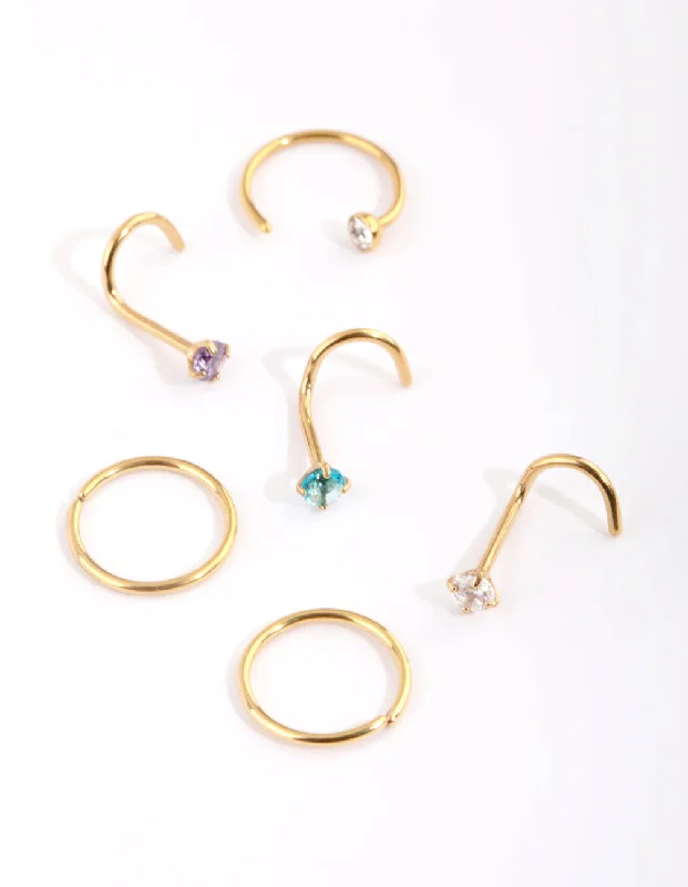 Delicate Nose Rings -Gold Plated Surgical Steel Pastel Diamante Nose Stud 6-Pack
