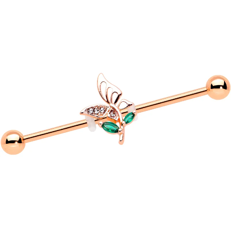 Women's Earrings – Elegant Designs for Every Personality--14 Gauge Clear Gem Rose Gold Tone Floral Butterfly Industrial Barbell 38mm