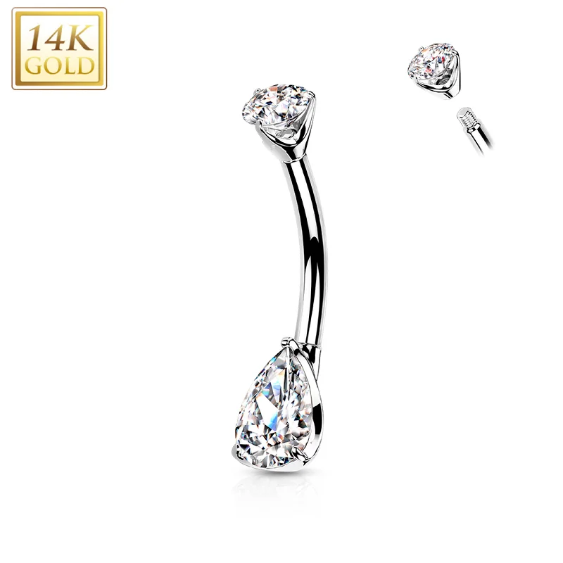 Designer Belly Rings for Special Fashion Statements -14kt Solid White Gold Double Prong Set Teardrop Cubic Zirconia Belly Ring Designer Belly Rings for Special Fashion Statements -14kt Solid White Gold Double Prong Set Teardrop Cubic Zirconia Belly Ring