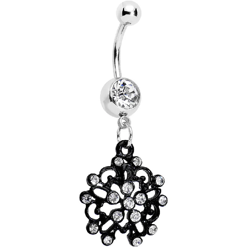 Stunning Belly Rings with Artistic Touch -Clear Czech Stone Black Intricate Snowflake Dangle Belly Ring Stunning Belly Rings with Artistic Touch -Clear Czech Stone Black Intricate Snowflake Dangle Belly Ring