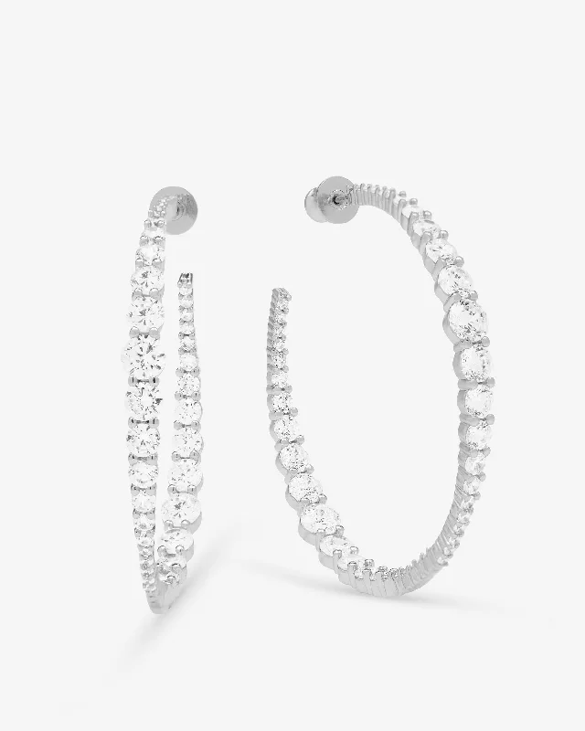Women's Earrings – Elegant Designs for Every Personality--"Oh She Fancy" Graduated Hoops 2" - Silver|White Diamondettes