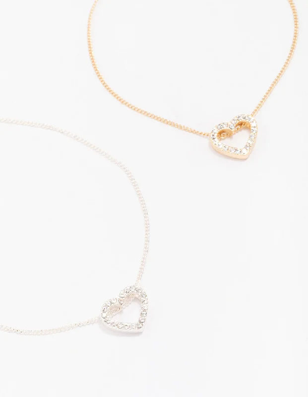 Elegant Bangles for Women with Pearls-Gold & Silver Open Heart Diamante Bracelet Pack