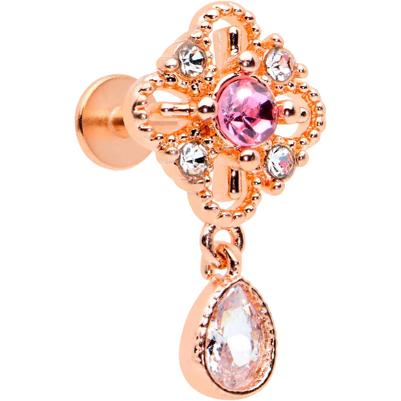 Trendy Lip Rings for Fashionistas16 Gauge 1/4 Clear Pink Gem Rose Gold Tone Cross Dangle Labret Tragus