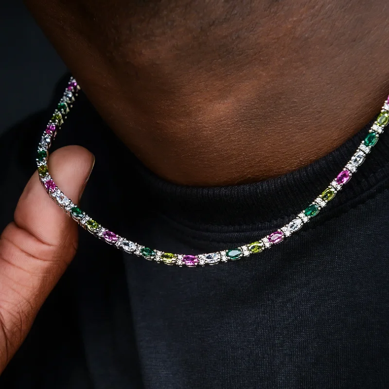 Exclusive Men's Necklaces & Pendants for the Modern Gentleman-Multicolor Mixed Oval Cut Tennis Chain- 3mm Exclusive Men's Necklaces & Pendants for the Modern Gentleman-Multicolor Mixed Oval Cut Tennis Chain- 3mm
