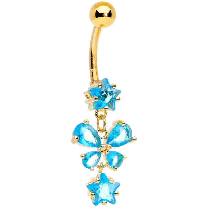 Comfortable Belly Rings with Simple Design -Blue Gem Gold Tone Star and Bow Dangle Belly Ring Comfortable Belly Rings with Simple Design -Blue Gem Gold Tone Star and Bow Dangle Belly Ring
