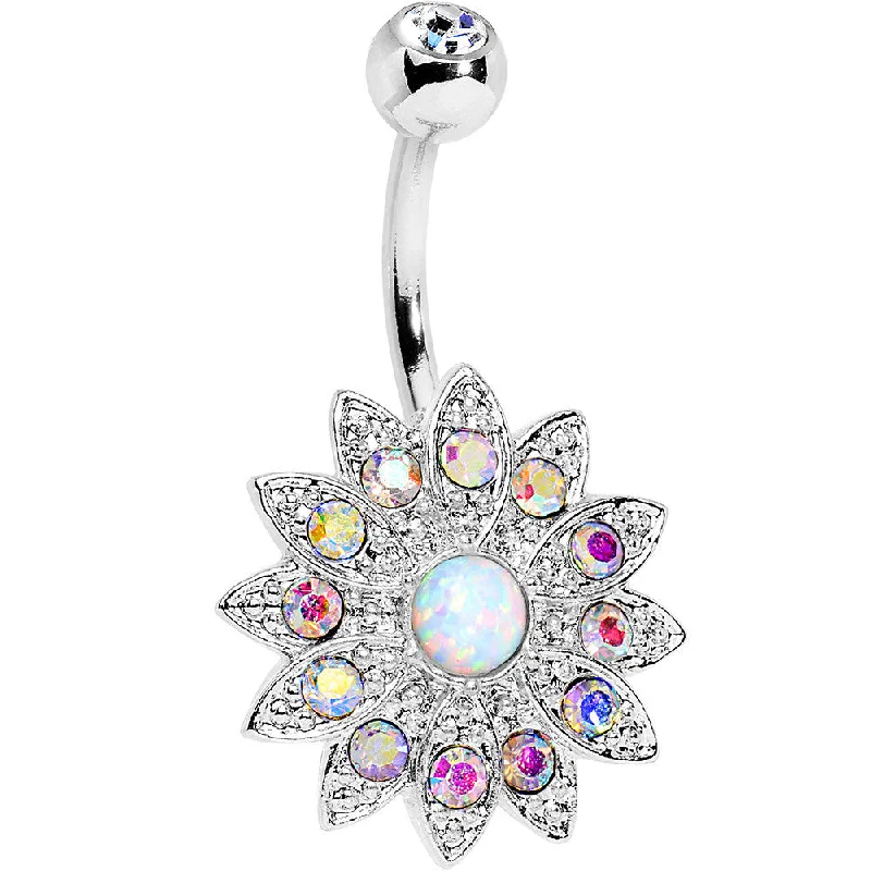 Elegant Belly Rings for Classy Style -White Faux Opal Aurora Gem Steel Fancy Sparkle Flower Belly Ring Elegant Belly Rings for Classy Style -White Faux Opal Aurora Gem Steel Fancy Sparkle Flower Belly Ring