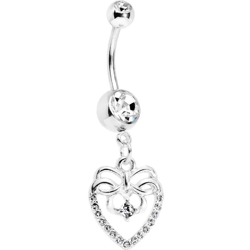 Comfortable Belly Rings for Everyday Wear -Clear CZ Gem Bow Heart Dangle Belly Ring