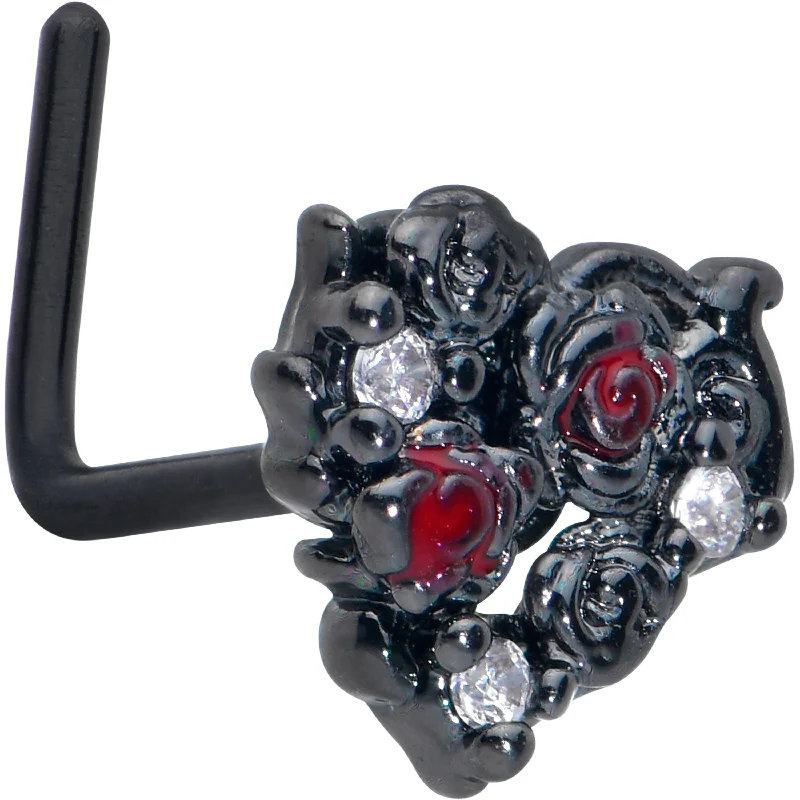 Nose Rings for Professional Look -20 Gauge 7mm Red Clear Gem Black Floral Heart L Shape Nose Ring Nose Rings for Professional Look -20 Gauge 7mm Red Clear Gem Black Floral Heart L Shape Nose Ring